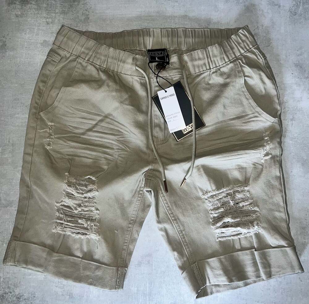Diamonds & Threads DTP339 Distressed Khaki Drawstring Shorts